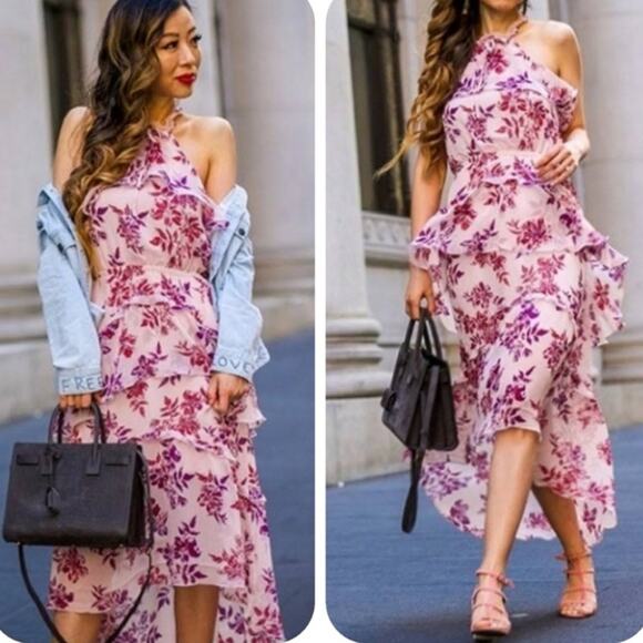 Express Pink Floral Halter High-Low Midi Tiered Ruffle Dress - XS TP Tall Petite - Picture 1 of 16